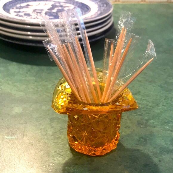 VINTAGE Amber Toothpick Holder or tiny bud vase - Picture 4 of 10